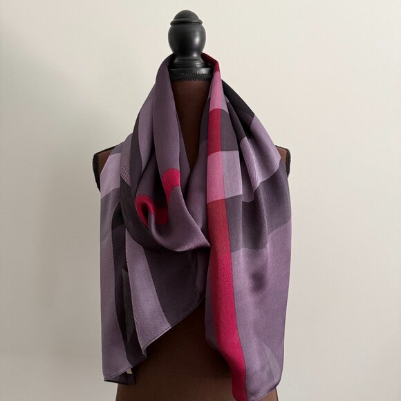 Display #1 Burberry Check Print Purple Satin Silk Scarf - Picture 1 of 16